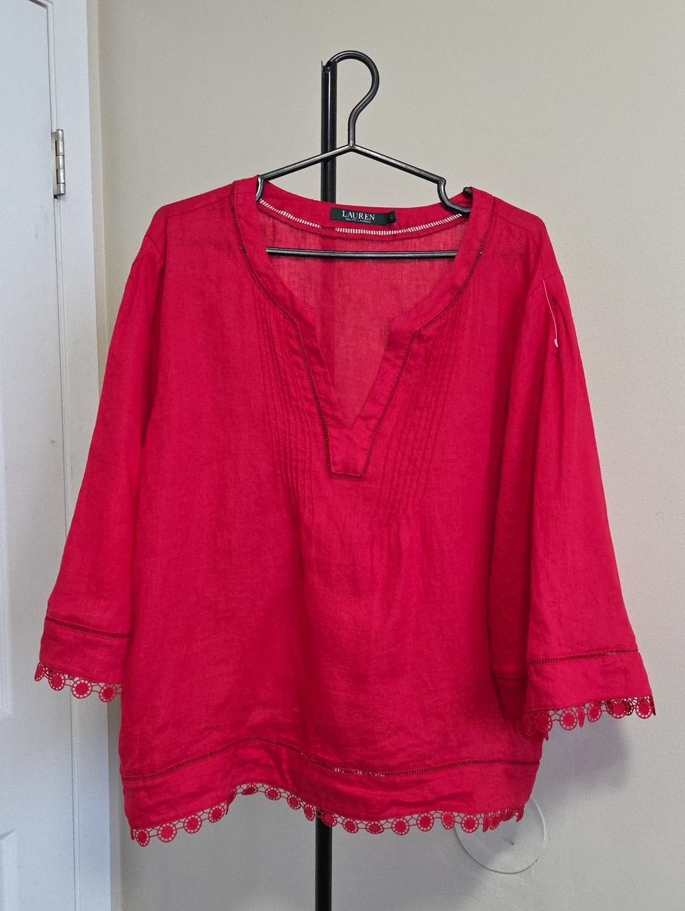 Ralph Lauren Bright Red Linen Tunic with Lace Trim